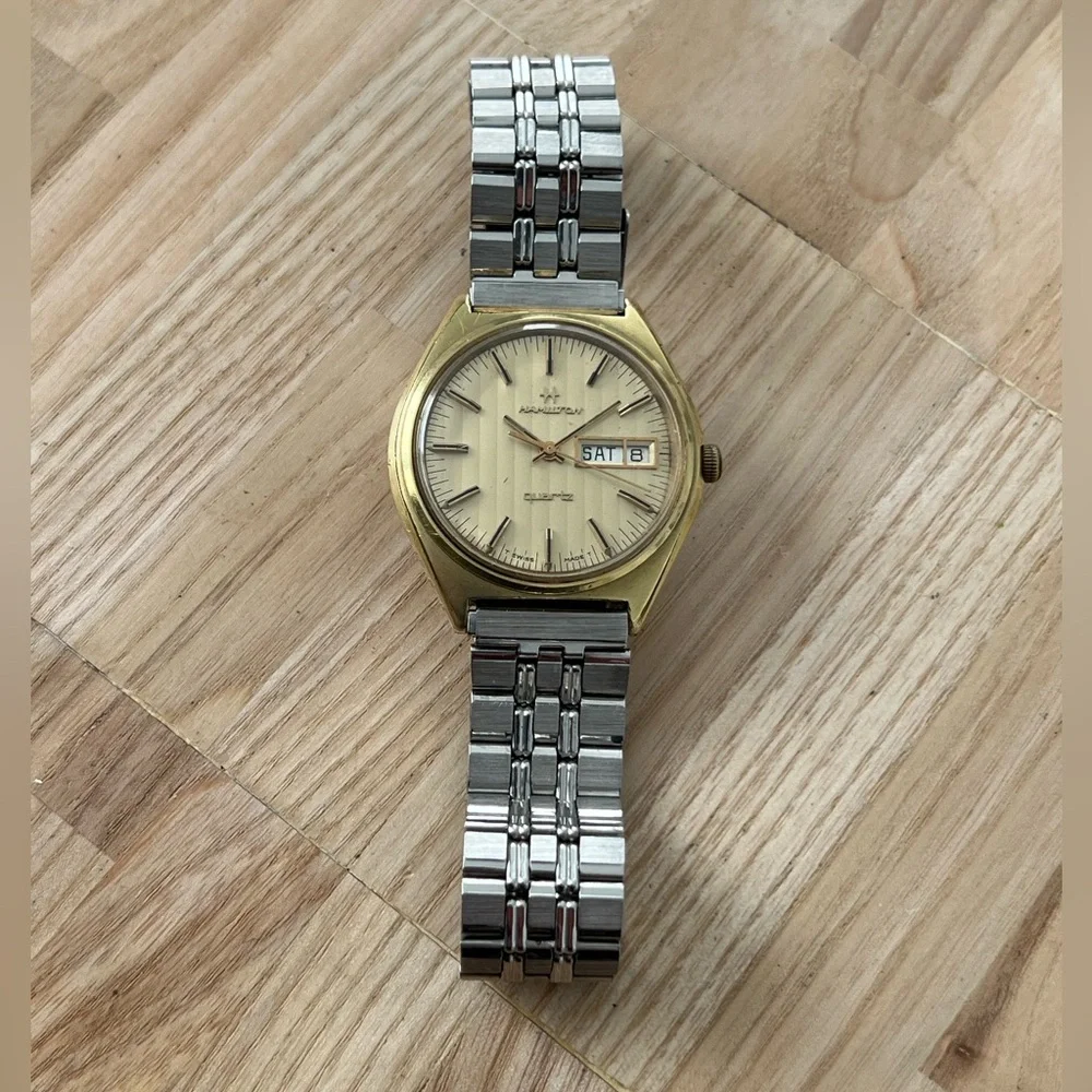 Hamilton 14K Gold Plated Rare Vintage Men’s Watch Stainless Bracelet Gold Dial